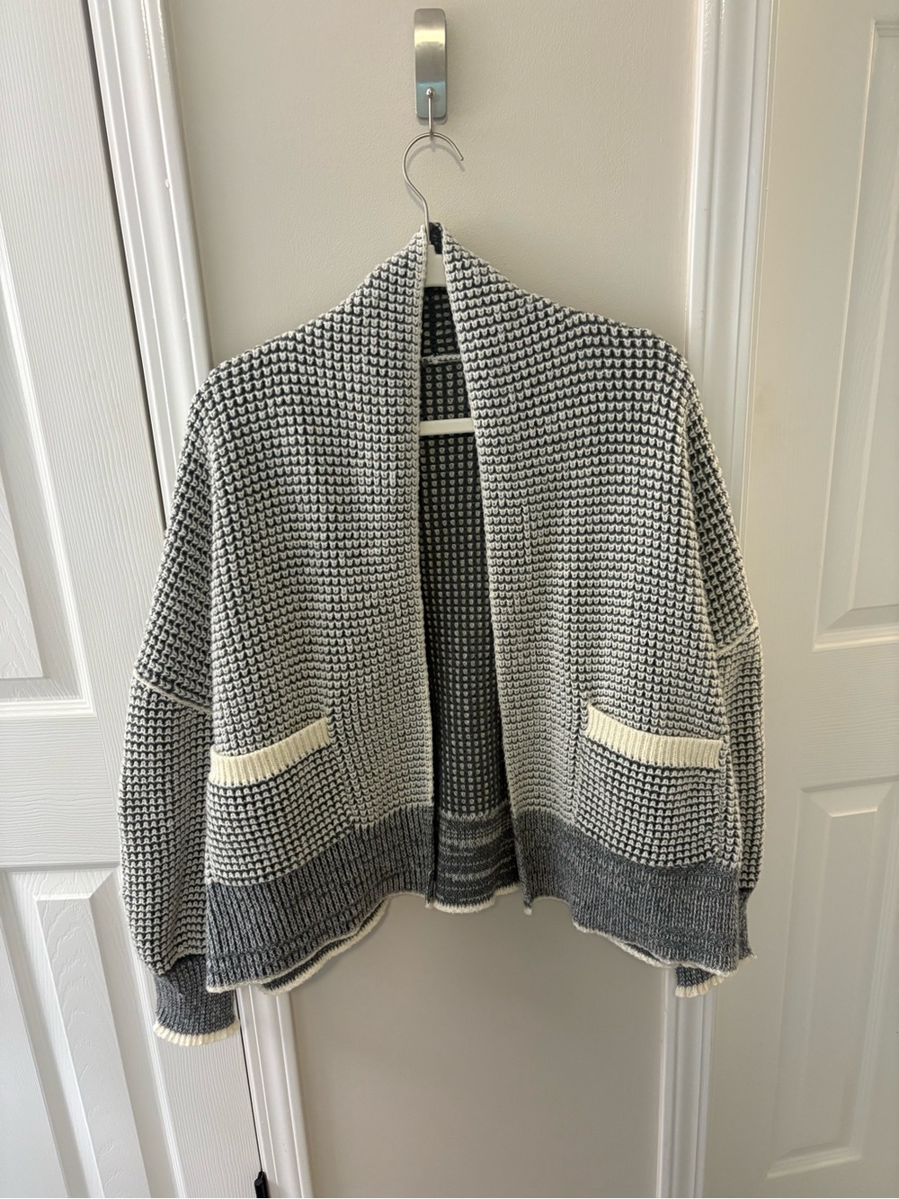 Gray and Cream Open-Front Knit Cardigan Sweater